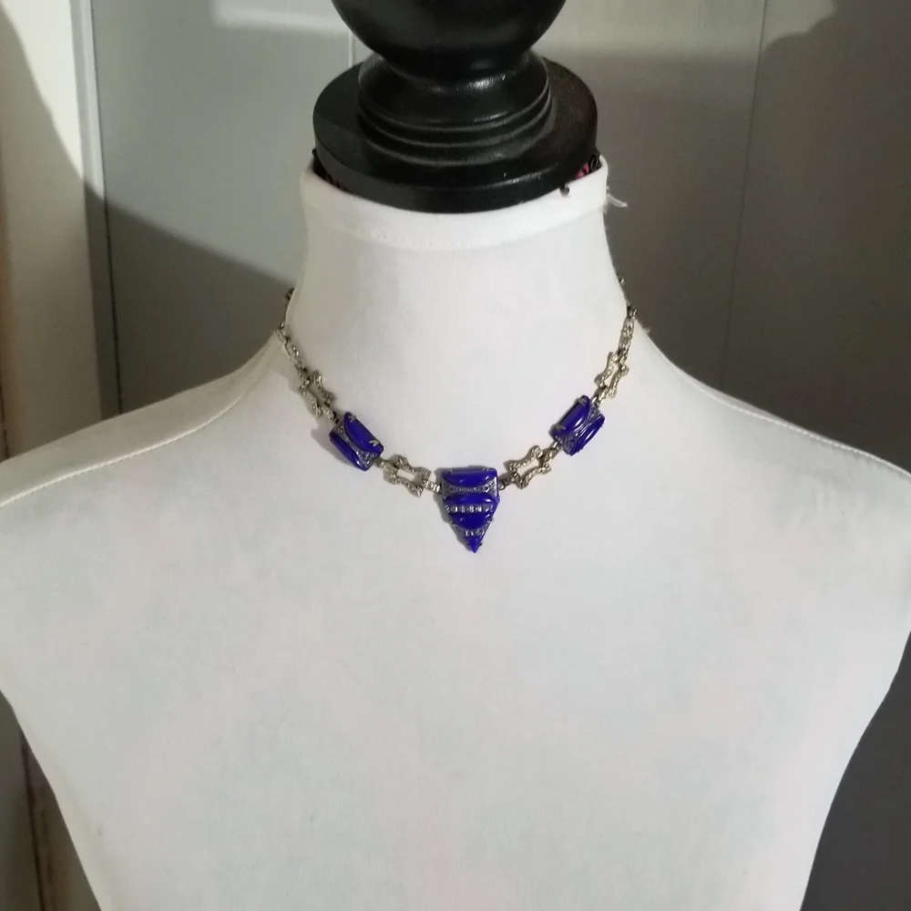 Relisted-Vintage Art Deco necklace blue glass silver tone choker - Picture 6 of 17